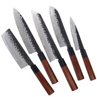 5pcs Kitchen 9Cr18Mov Fixed Blade Design Hammer Handmade Pattern Slicing Layer Chef Knife Sets