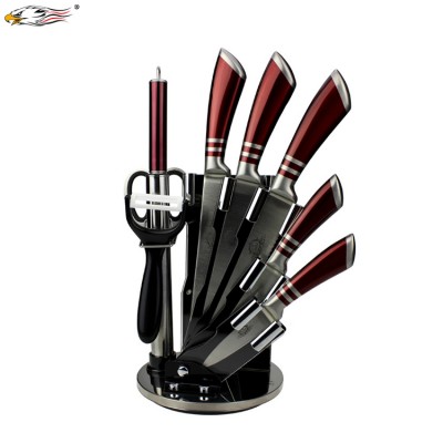 FX-GH112 High quality stainless steel handle acrylic stand 9pcs kitchen knife set