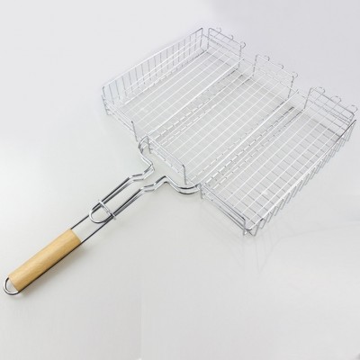 AF068 Professional stainless steel wire basket with wooden handle bbq grill basket